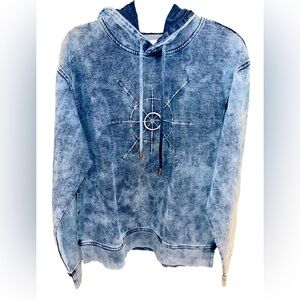Dr. Woo - NWOT Los Angeles Blue Denim Effect Embroidered Compass PO Hoodie Med